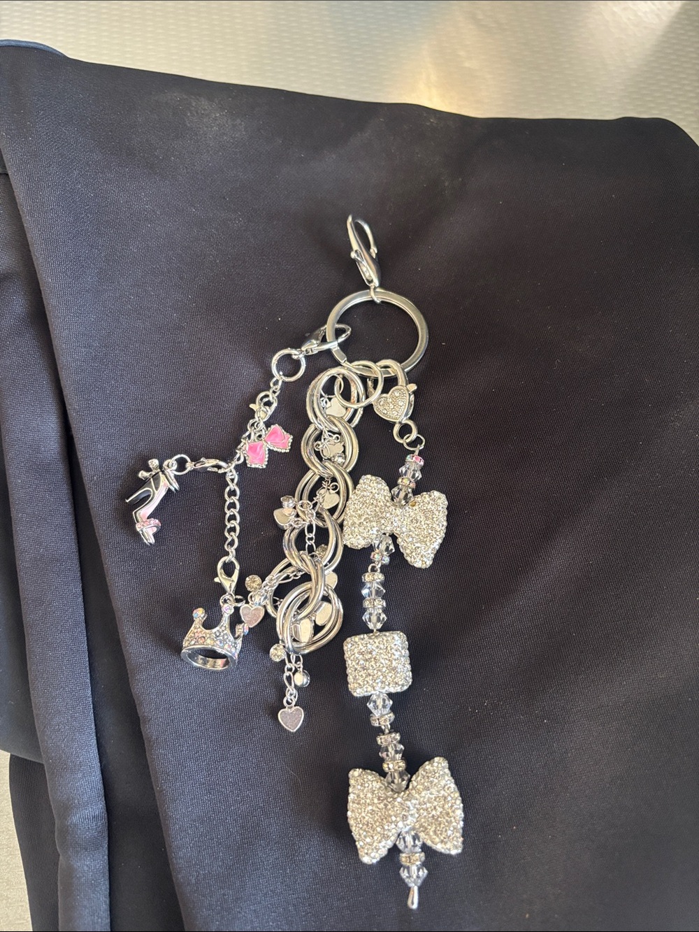 Crystal Bow and Charm Keychain Bag Charm - Silver with Pink Accents